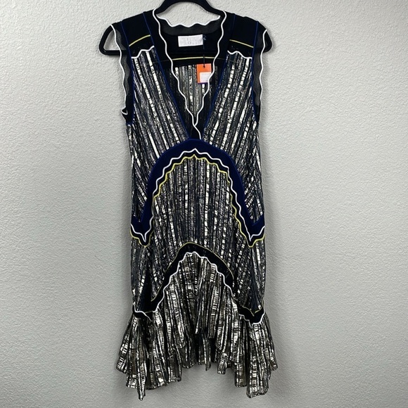 NWT Peter Pilotto Metallic Chiffon Dress Gold Navy Sheer Designer Sz M - Picture 5 of 16